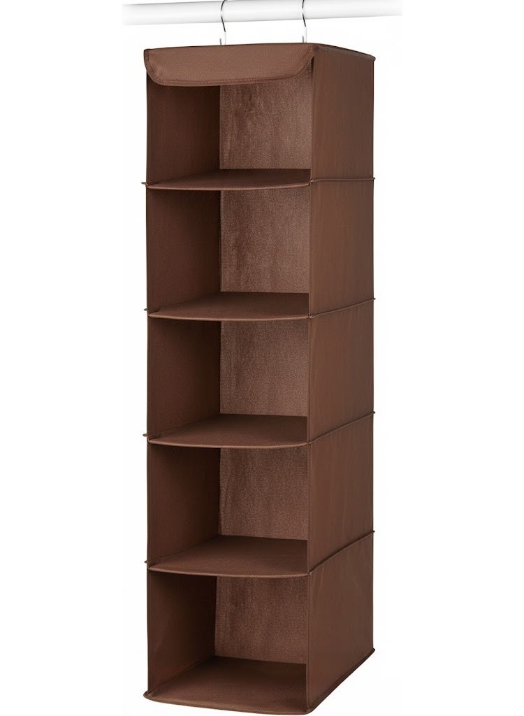 RollsTimi  5-Shelf Hanging Closet Organiser with Metal Frame & 6 Side Pockets - Brown (88.9cm Height) - Image 5